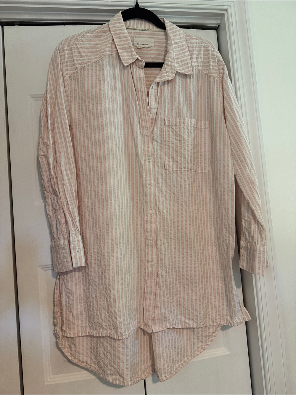 Anthropologie Pink and White Striped Casual Button-Down Shirt